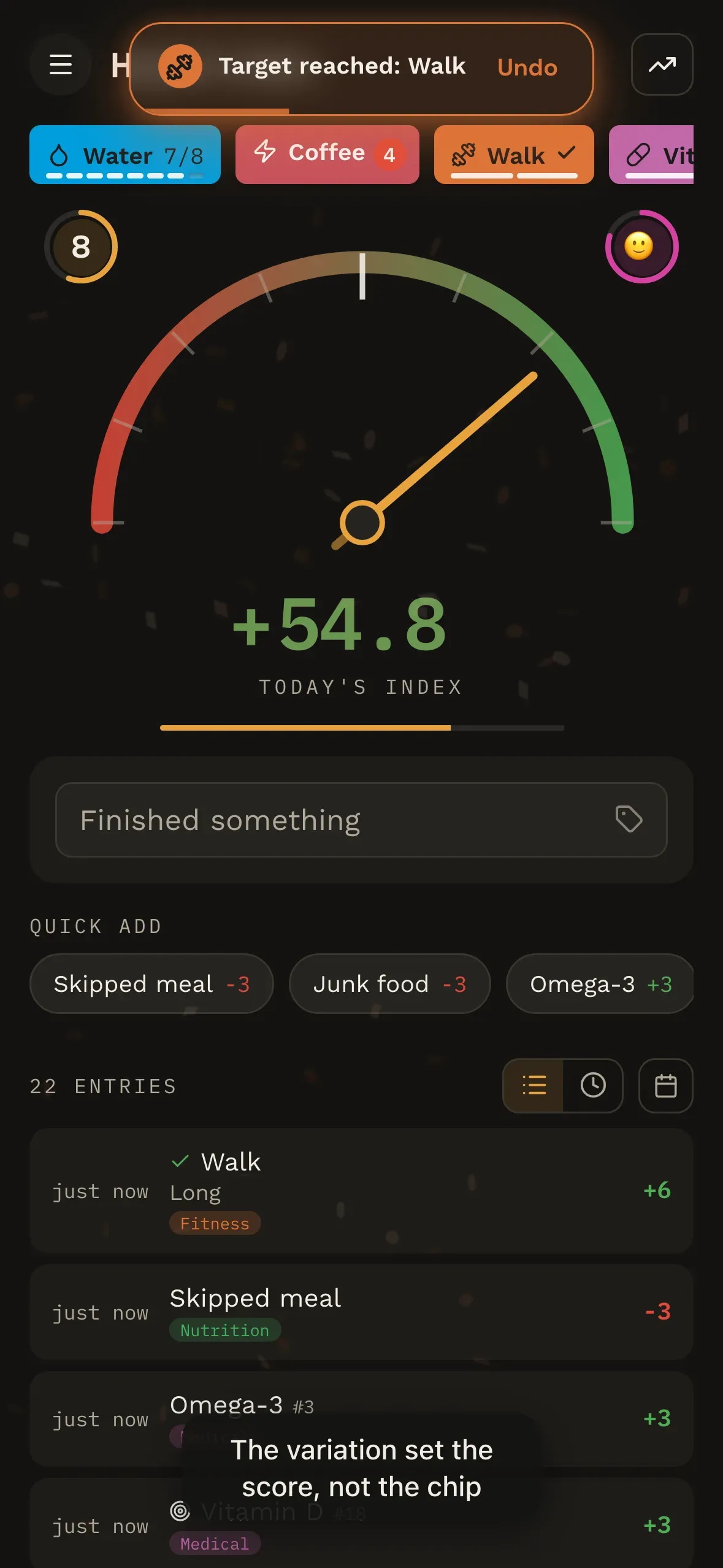 A logged walk reading \u201cLong\u201d, worth +6, in the day\u2019s entry list.
