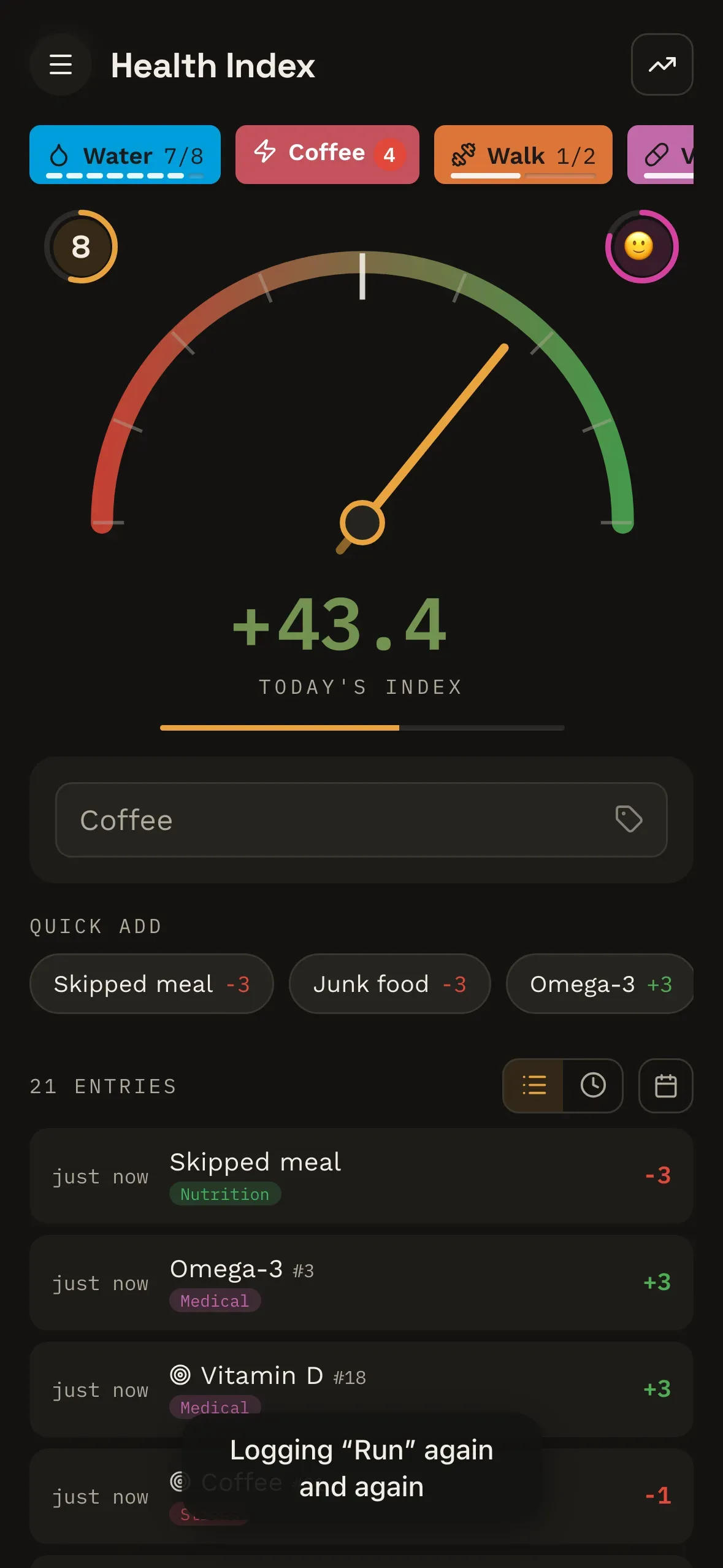 The app's index gauge, which climbs by less with each repeat of the same entry.