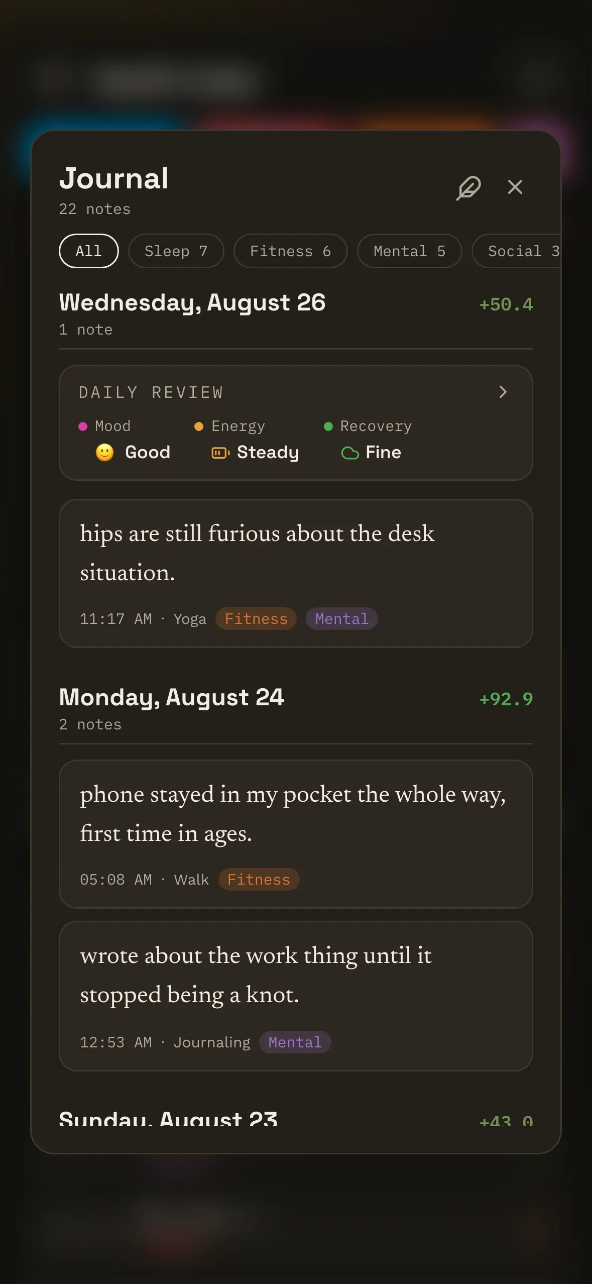 The Journal: notes written on logs, grouped by day, set on a paper-coloured sheet.